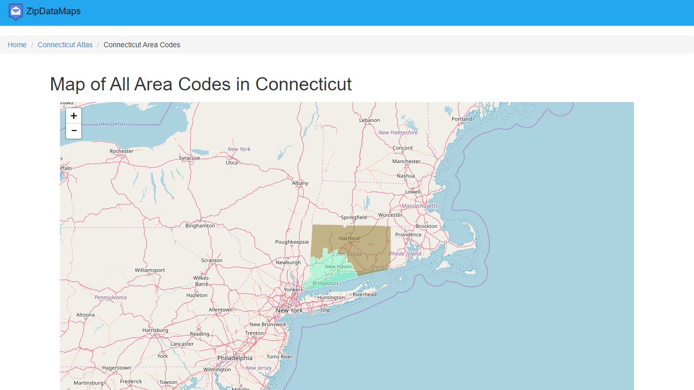 Map of All Area Codes in Connecticut - April 2022 - Zipdatamaps.com