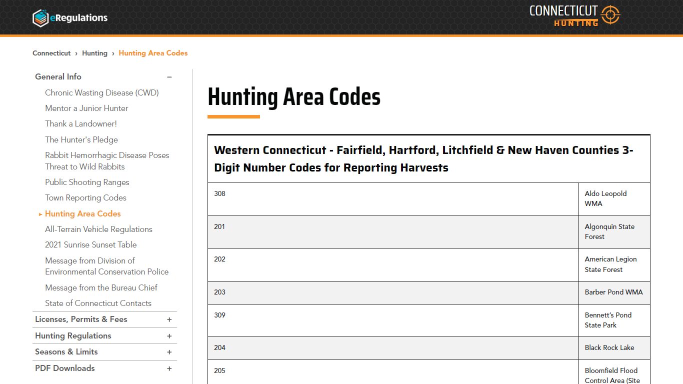 Hunting Area Codes - Connecticut Hunting | eRegulations